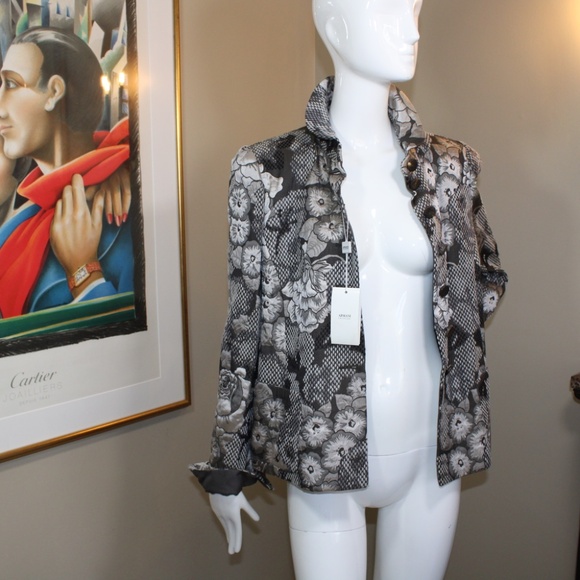 Armani Collezioni Black & Ivory Floral Print Jacket Sikk Linned– Size 8 - Picture 4 of 16